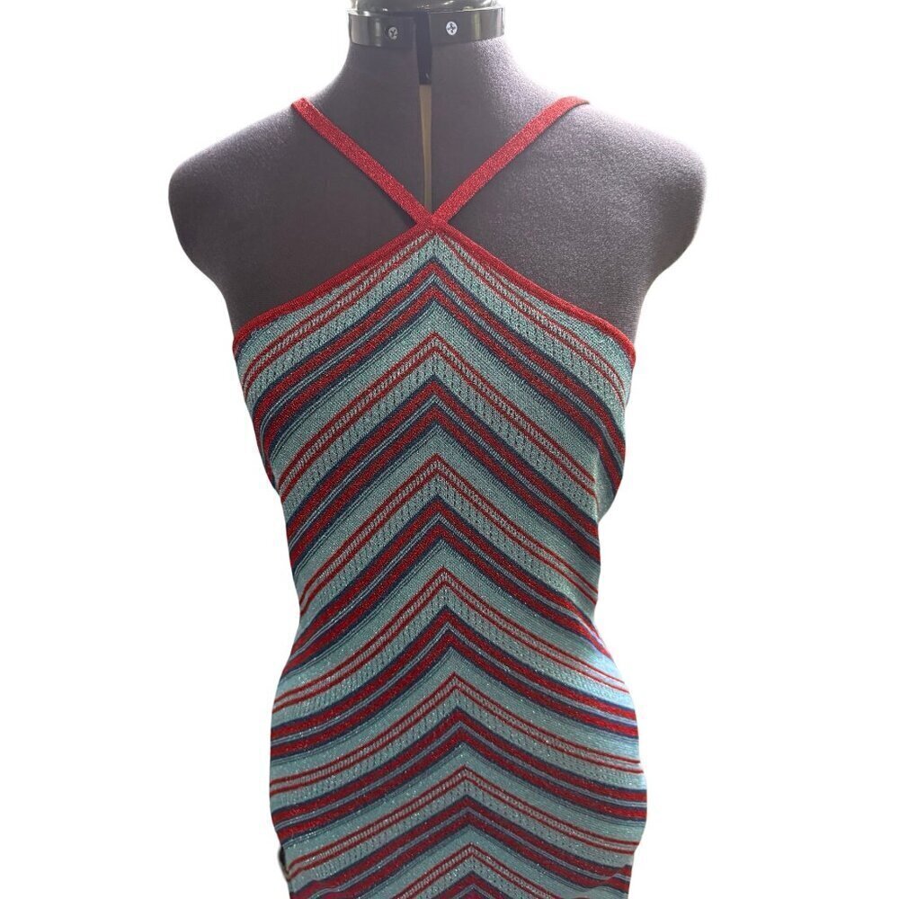 MISA LOS ANGELES DRESS Knit Halter Midi Red & Blue Metallic Sz L - Picture 8 of 13